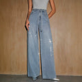 Fashionjeans women's full-width hot diamond with the same material belt light blue washed high waist wide-leg mop denim pants