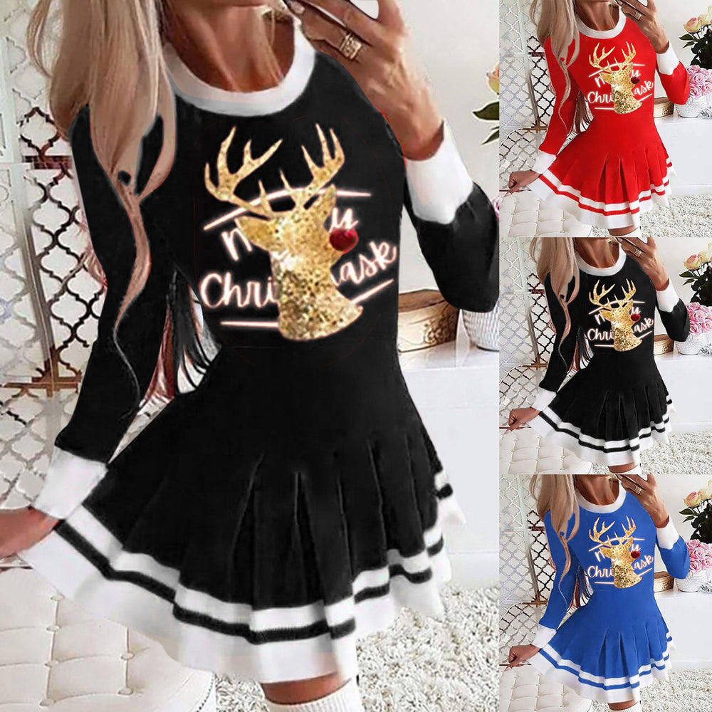2026 european and american cross-border women's autumn/winter new print round neck long sleeve pleated casual party dress