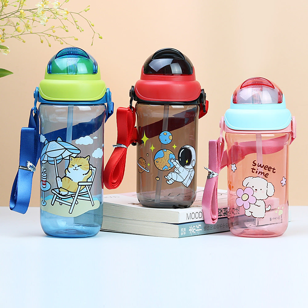 Cartoon kids water bottle with strap, plastic cup, straw cup, kindergarten water bottle, leak-proof, children's gift