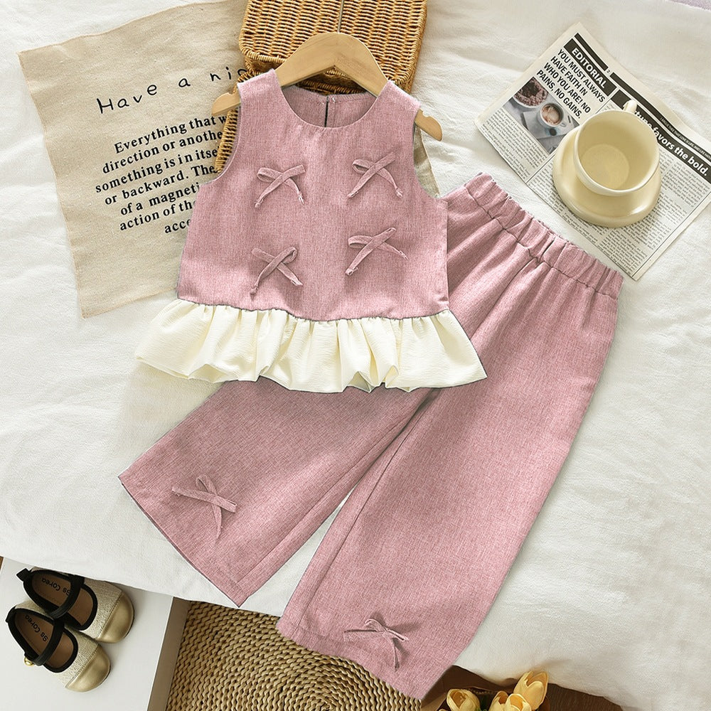 summer new girls' denim-style outfit: bowknot patchwork tank top and pants two-piece set - european & american style, cross-border fashion