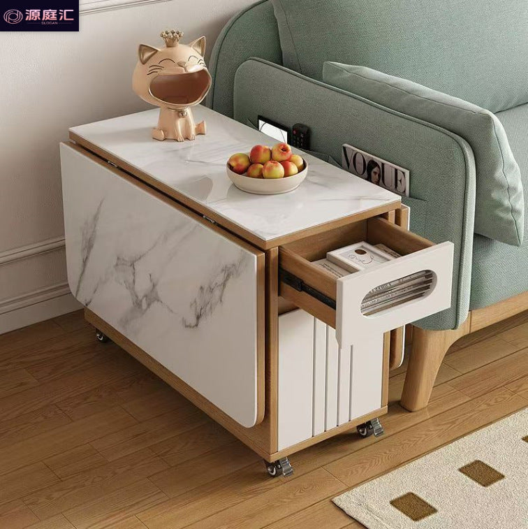 Multifunctional sofa corner table, side cabinet, foldable coffee table, slate dining table, dual-purpose living room trolley, movable tea table