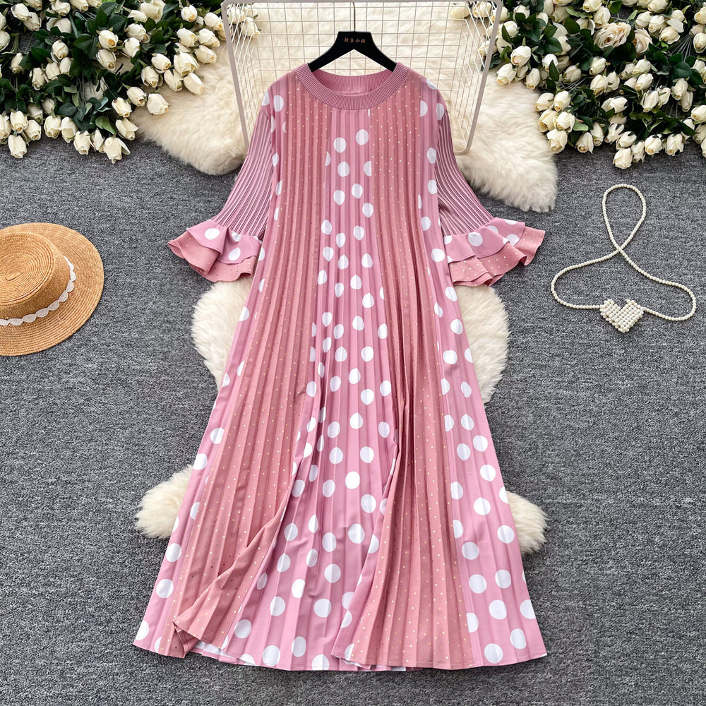 K-style polka dot pleated short-sleeved dress women's summerruffle sleeve round neck pleated skirtslimming lookelegantwork clothing skirt