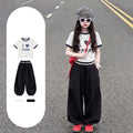 Girls' two-piece set: new  collection for mid-to-large children - short-sleeved, lightweight summer outfit with loose-fit casual pants and wide-leg trousers