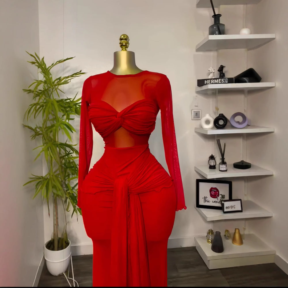 European and american cross-border women's fashion:  early spring new arrival - solid color long sleeve crew neck bandeau bodycon elegant maxi dress