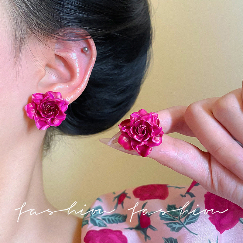 New rose red resin flower earrings - minimalist, sweet, elegant, and luxurious. versatile stud earrings for women - wholesale