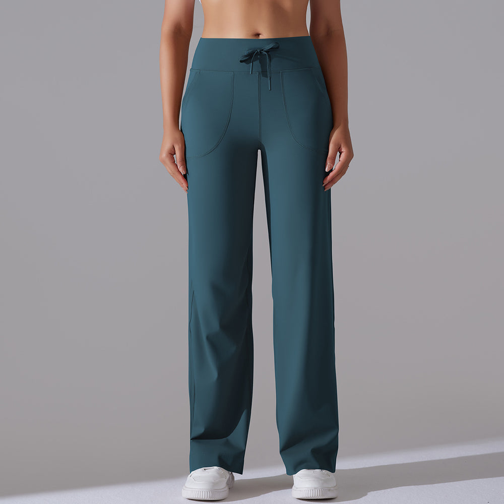 New arrival brushed breathable high waist elastic loosecasualflap pocket pants wide leg nine-point pants running fitness yoga bottom pants