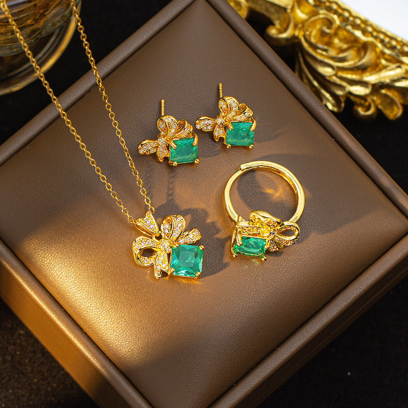 European and american full diamond bow necklace women's light luxury minimalist three-piece set new high-end pendant earrings ring jewelry
