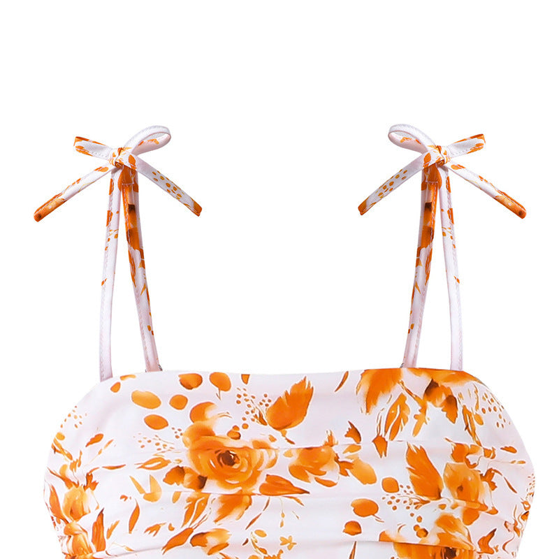 Amazon bestseller: girls' dress -  spring/summer new arrival - trendy floral print, slim fit, cinched waist, bow detail, spaghetti strap dress