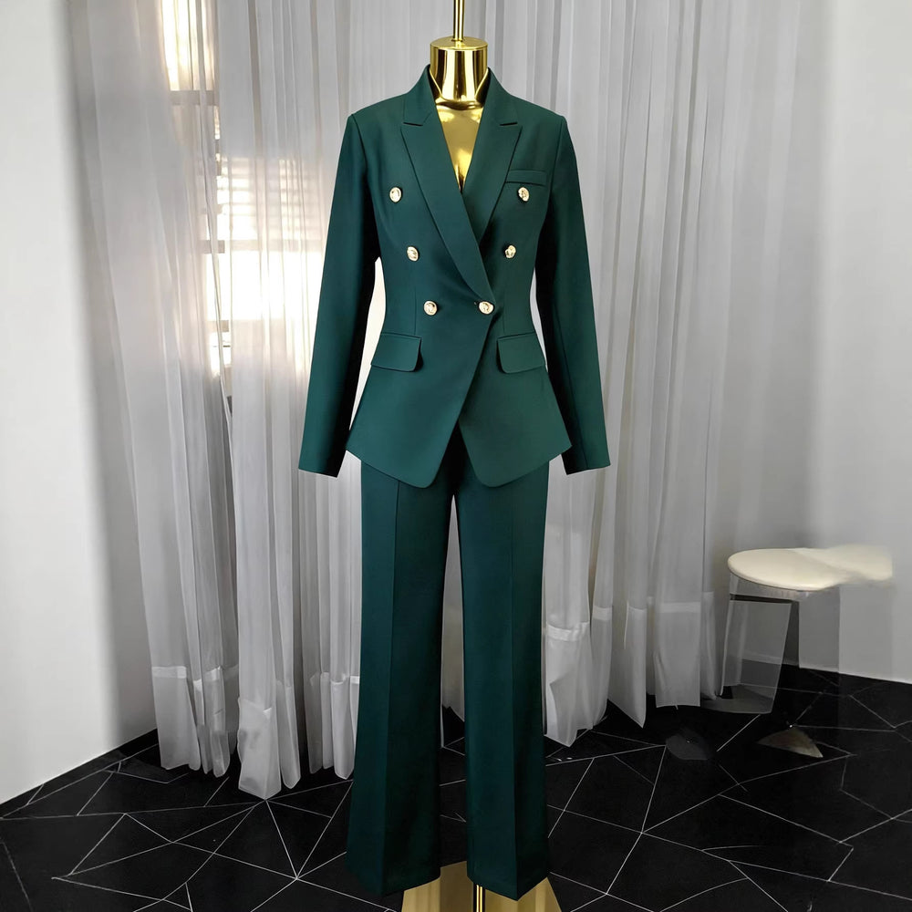 Dark green double-breasted gold button suit set - slim fit blazer and straight-leg trousers, commuter chic two-piece outfit