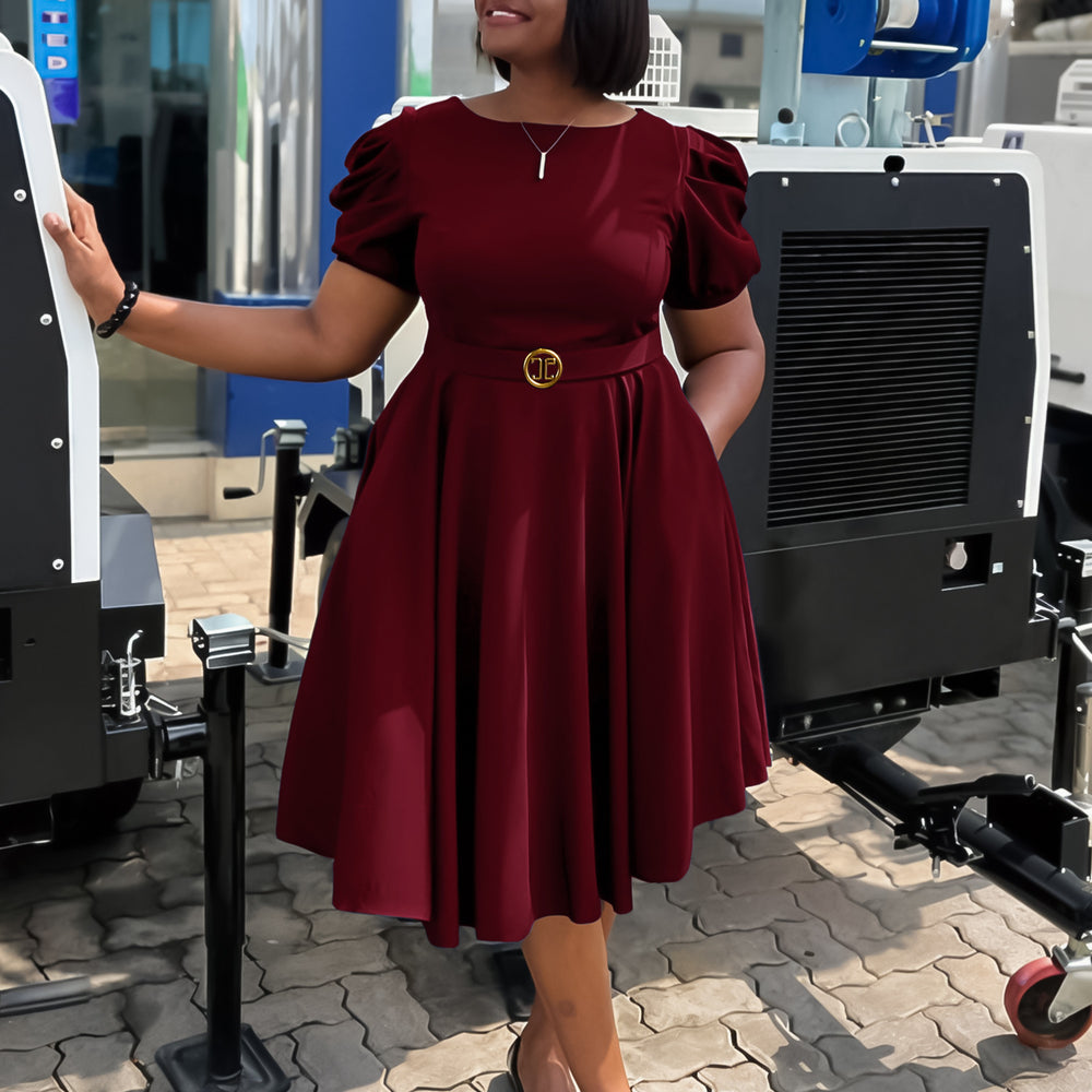 C8601 cross-border women's fashion: european & american  style - round neck, elegant, figure-flattering, a-line dress with puff sleeves and a flowy skirt