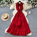 French riviera style red sexy backless maxi dress - women's summer v-neck halter neck slimming a-line elegant dress