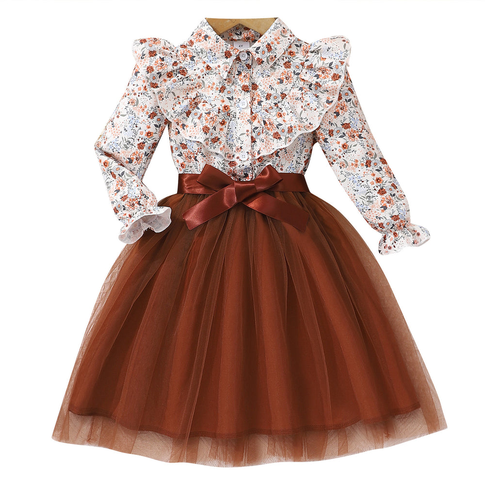 New girls' long-sleeve floral print mesh dress with turn-down collar and woven belt (available in toddler, little girl, and big girl sizes)