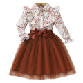 New girls' long-sleeve floral print mesh dress with turn-down collar and woven belt (available in toddler, little girl, and big girl sizes)
