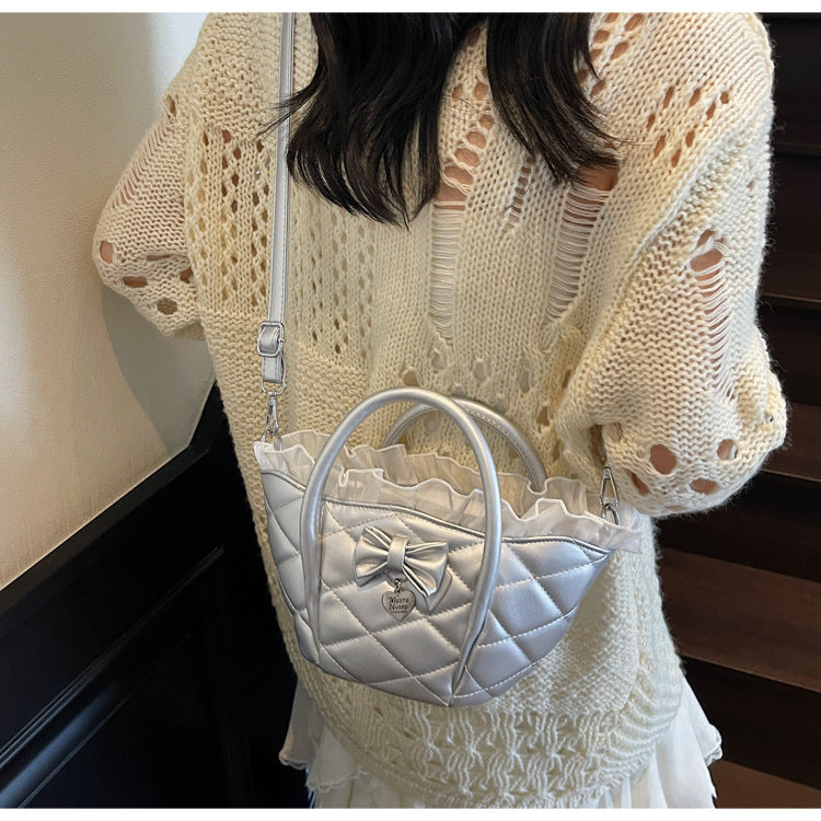 Cross-border diamond bow vegetable basket bag women's summer 2025 new niche messenger bag Korean version portable bucket bag