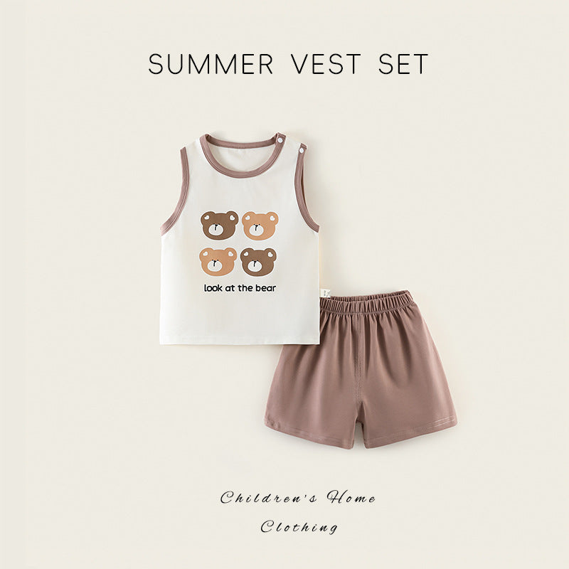 Baby summer suit thin baby clothes boys and girls outing jacquard separatespure cotton vest shorts kids