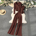 Premium women's spring  outfit set: metallic buckle vest, versatile knit cardigan, and wide-leg pants - a stylish three-piece ensemble