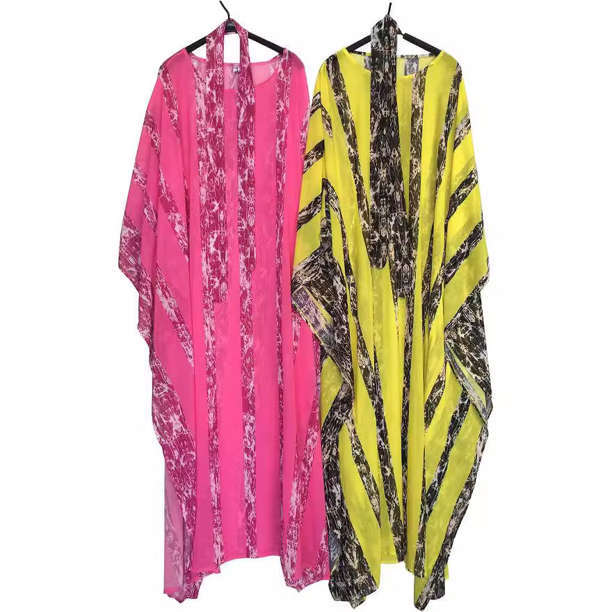 supply: chiffon loose fit crew neck batwing sleeve belted digital print comfortable cool cover-up dress