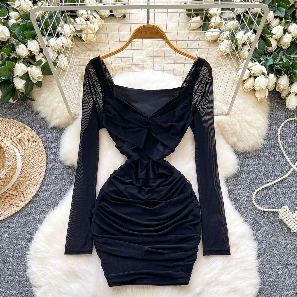 Feminine sexyv neck twist long sleeves mesh dress autum pleated waist bag hip hot girl short skirt