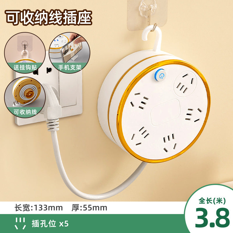 Retractable power strip with usb ports, cord management panel, multi-outlet socket, and built-in cable – ideal for home, dorm, and office use