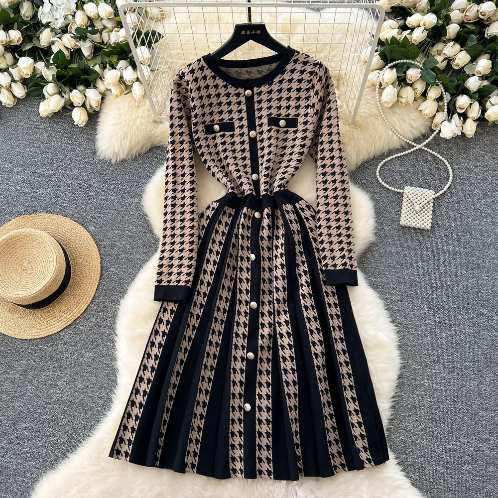 Accessible luxuryfall and winter tweed styledressfashion metal buckle waist contrast colorpleated chidori gridsknitting bottom skirt