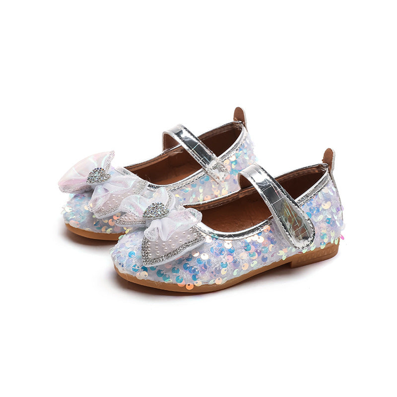 Girls'  spring new collection: sparkling soft-soled princess leather shoes for mid-to-large children - wholesale direct from the manufacturer, featuring hook-and-loop fasteners