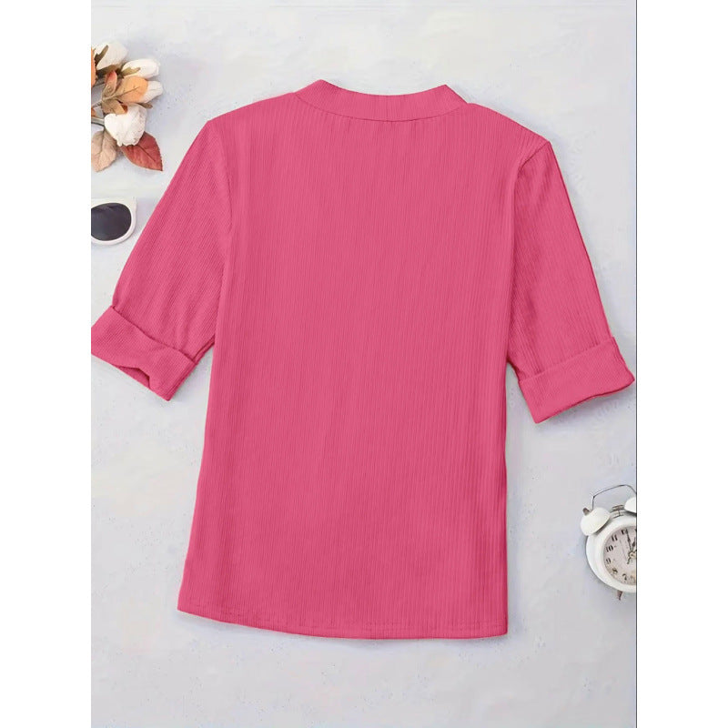 Real shot export 1688 shein  hot selling casual solid color v-neck rolled sleeve t-shirt