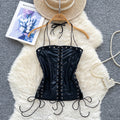 European and american pure lust style sling tube top vest women's summer strap waist pu leather retro fried street hot girl tops trendy