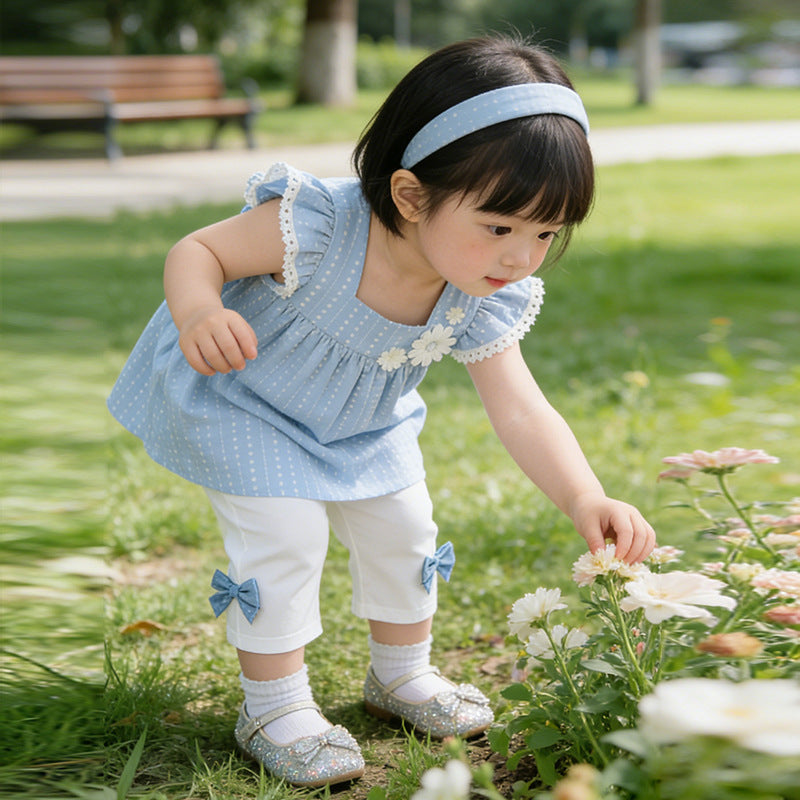 Kids' korean style summer outfit set - girls' flutter sleeve pure cotton chic top and summer clothes -  new collection