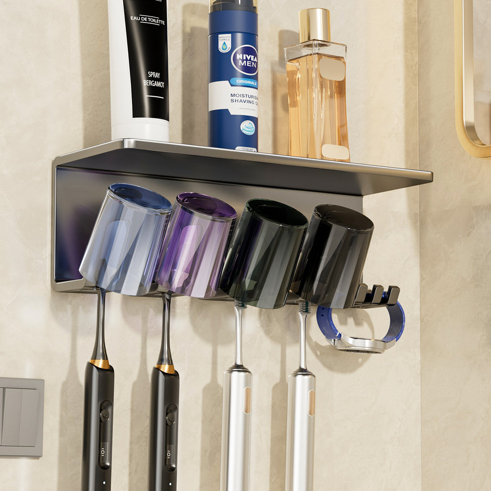 Toothbrush holder - no drilling required, bathroom toothbrush storage rack, home set, wall-mounted mouthwash cup & toothpaste dispenser