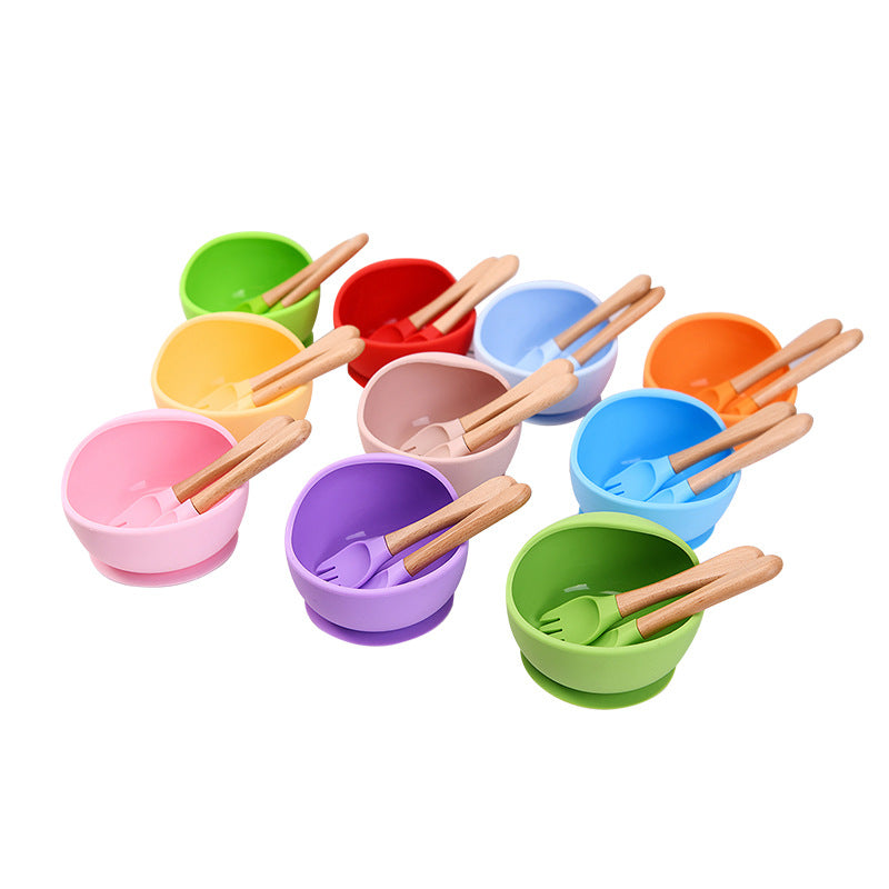 Food grade silicone tableware bowl Suction cup type baby bowl Supplementary food learning to eat Solid color silicone set Baby feeding bowl