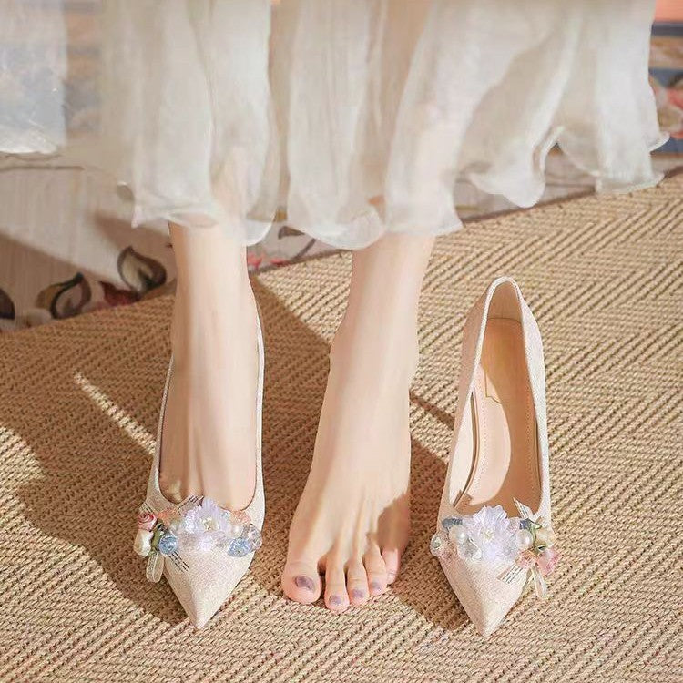 French high heels women's stilettos 2025 spring and autumn new arrival waterproof platform elegant beautiful wedding shoes sexy pointed toe flats
