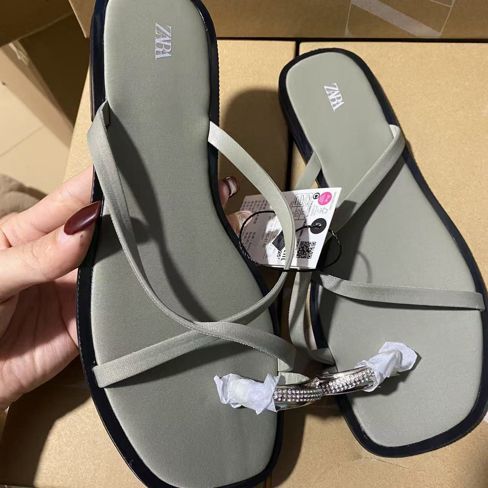 One-word buckle elegance sandals for women 2024 summer new arrival lady elegant street style toe flats european station preppy style