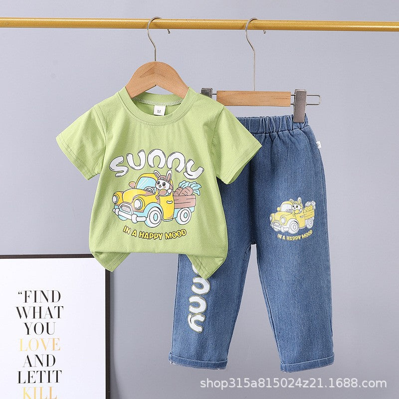 Summer new arrivals: toddler & kids' denim pants & cartoon print short sleeve two-piece set - multiple styles available