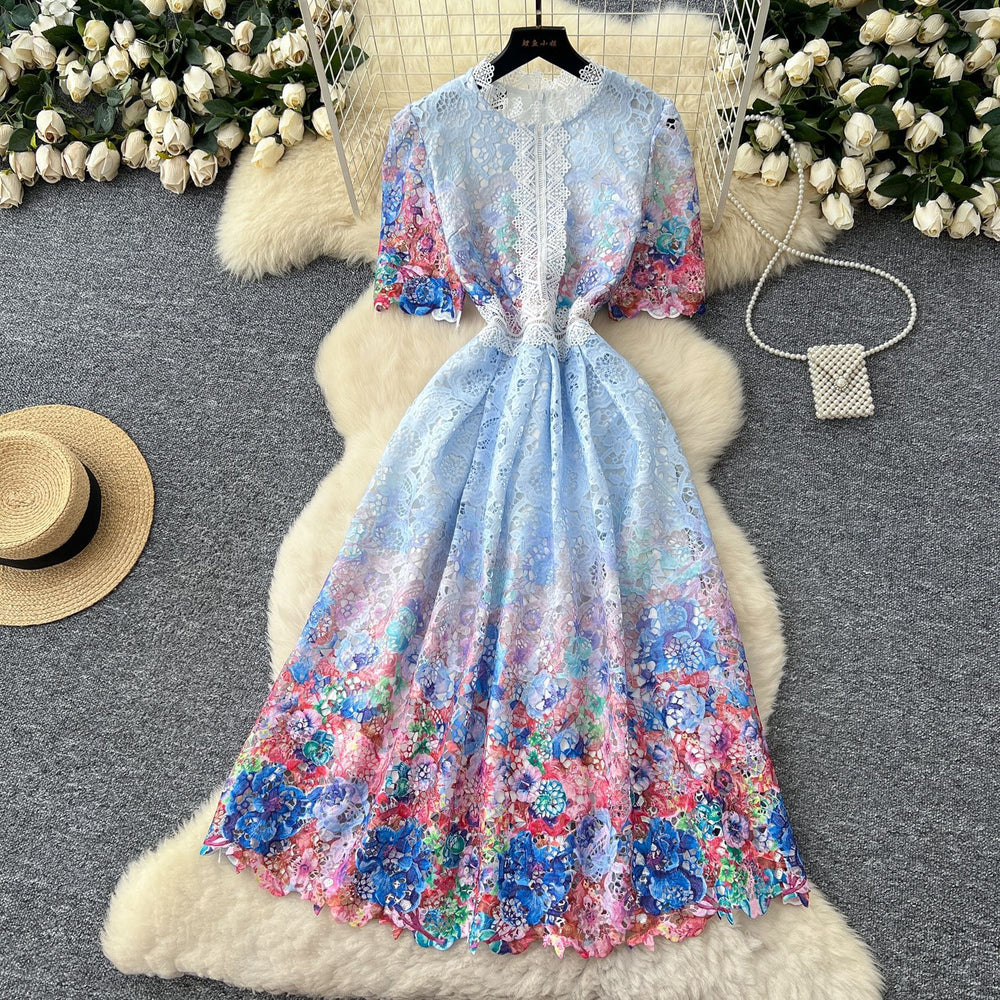 Luxury french-style gradient print dress - women's summer heavy-duty hollow-out crochet dress - elegant and sophisticated maxi dress