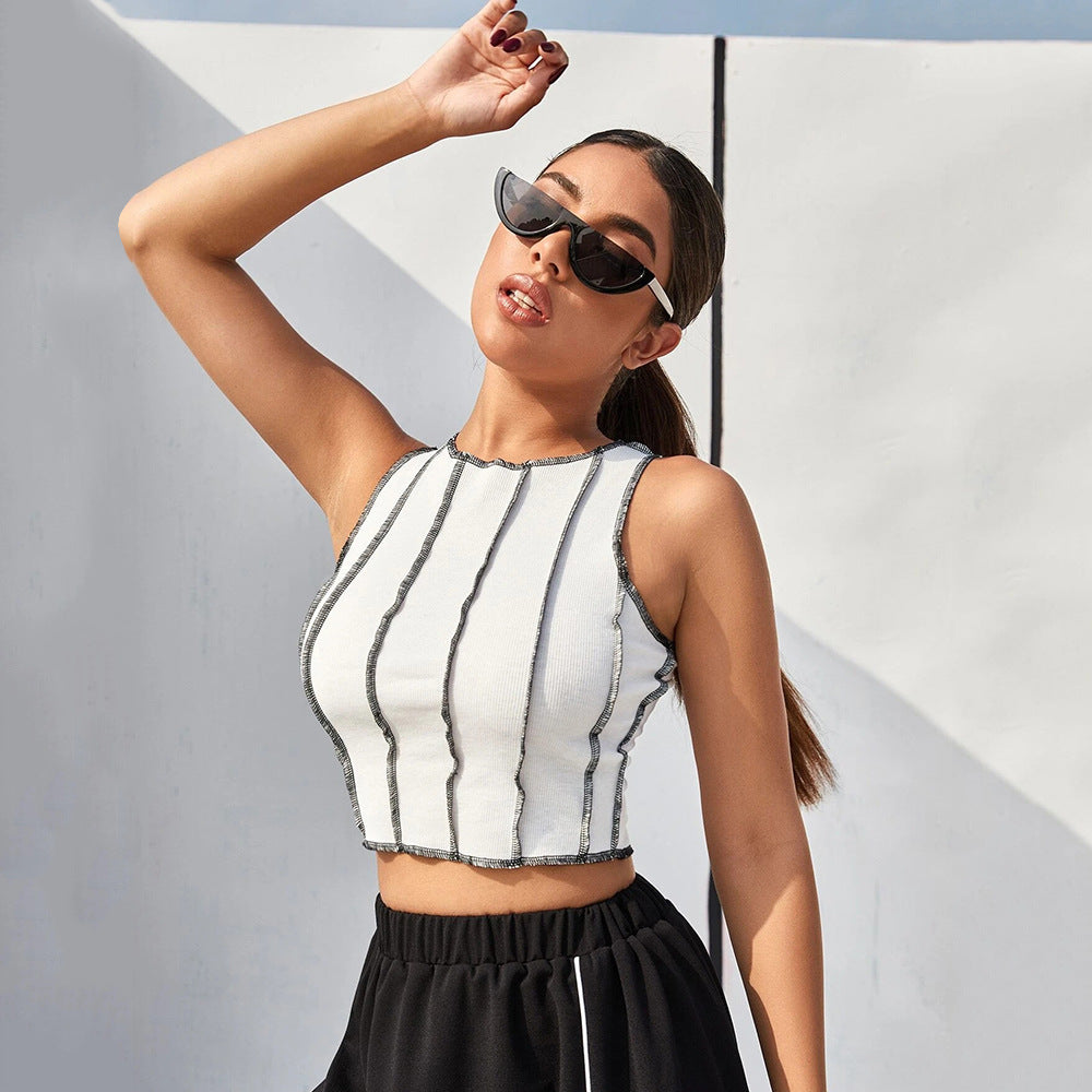 2024 spot  European and American hot-selling contrasting color sewing line outer car round neck T-shirt, slim short vest top women