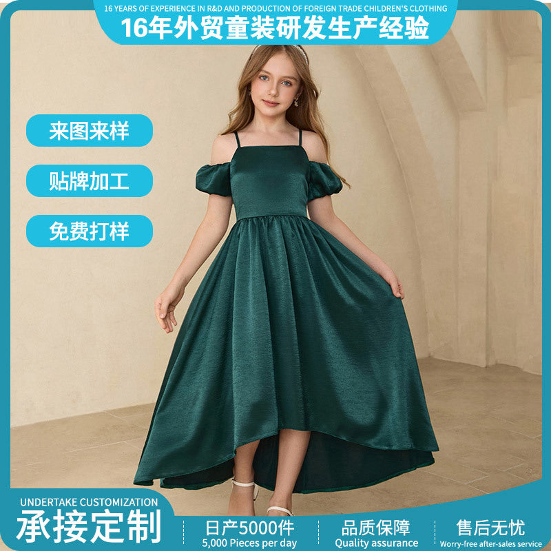 Girls' french-style formal dress, off-the-shoulder, elegant, high-end satin dress, new  one-shoulder slim-fit, cross-border export