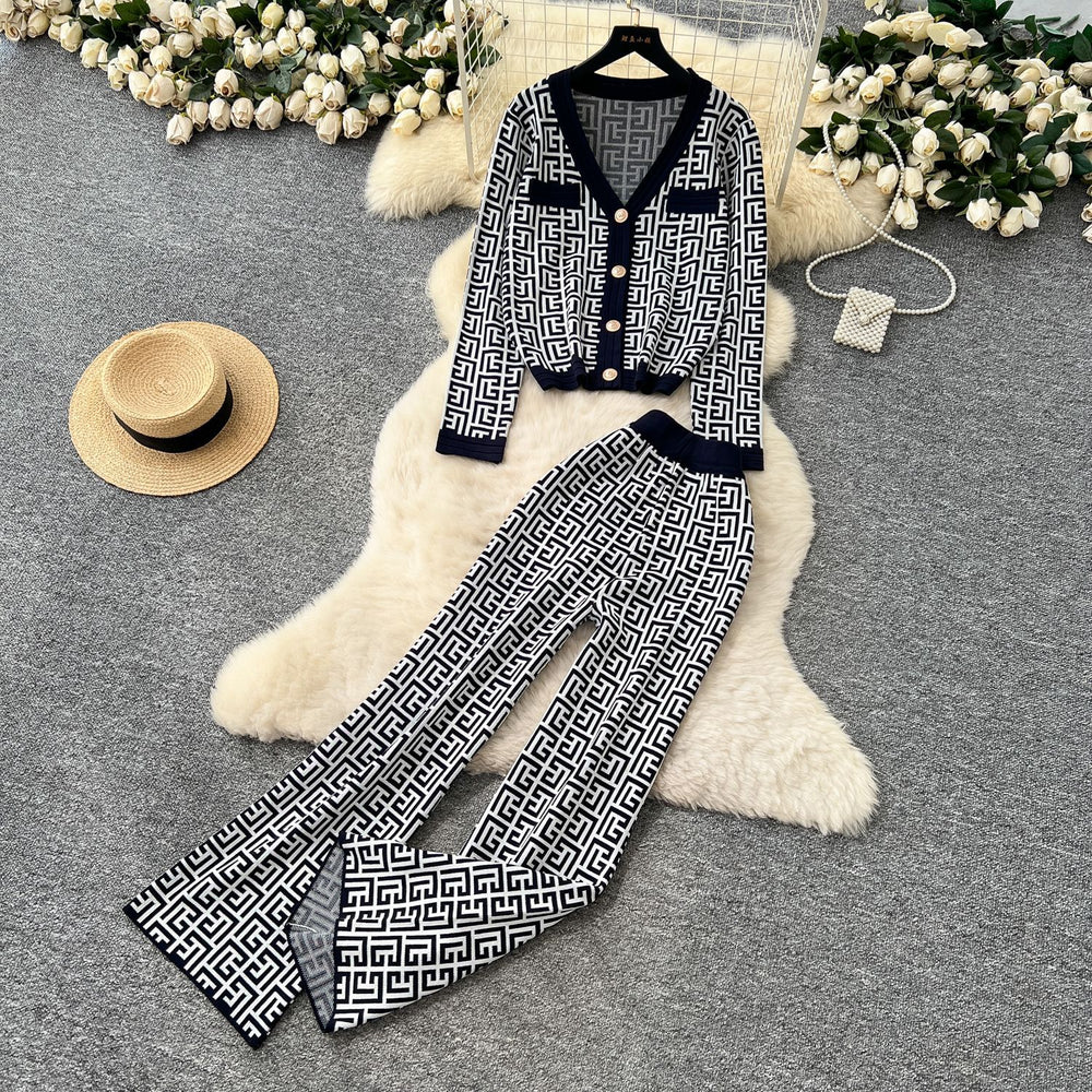 European and american chic women's autumn outfit: high-end v-neck long sleeve geometric print knit cardigan with high-waisted pants