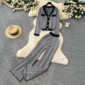 European and american chic women's autumn outfit: high-end v-neck long sleeve geometric print knit cardigan with high-waisted pants