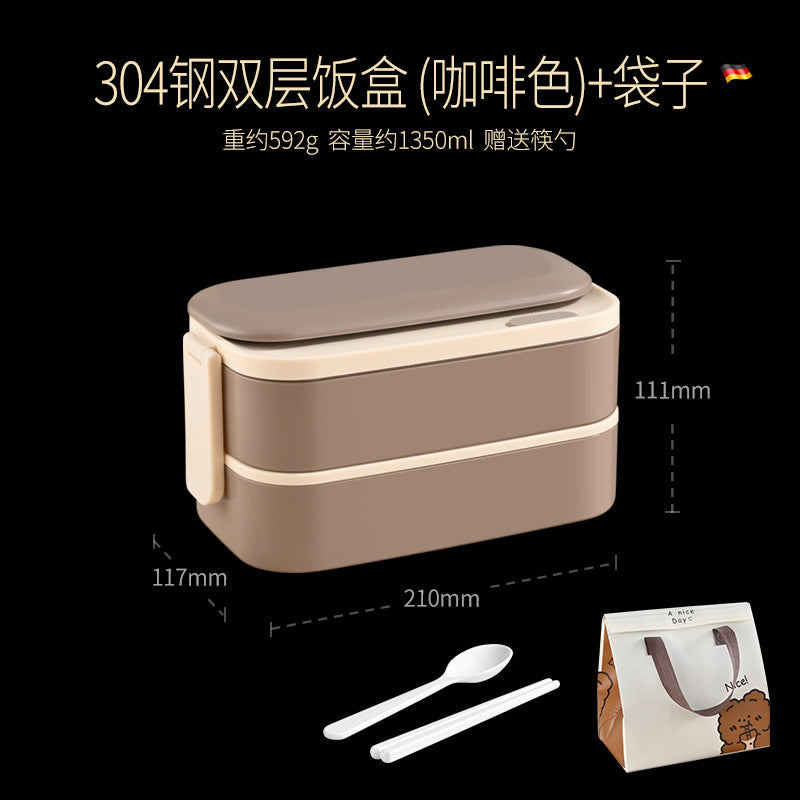 304 stainless steel thermal insulation lunch box Office workers can microwave oven can be heated portable lunch box Double-layer student lunch box