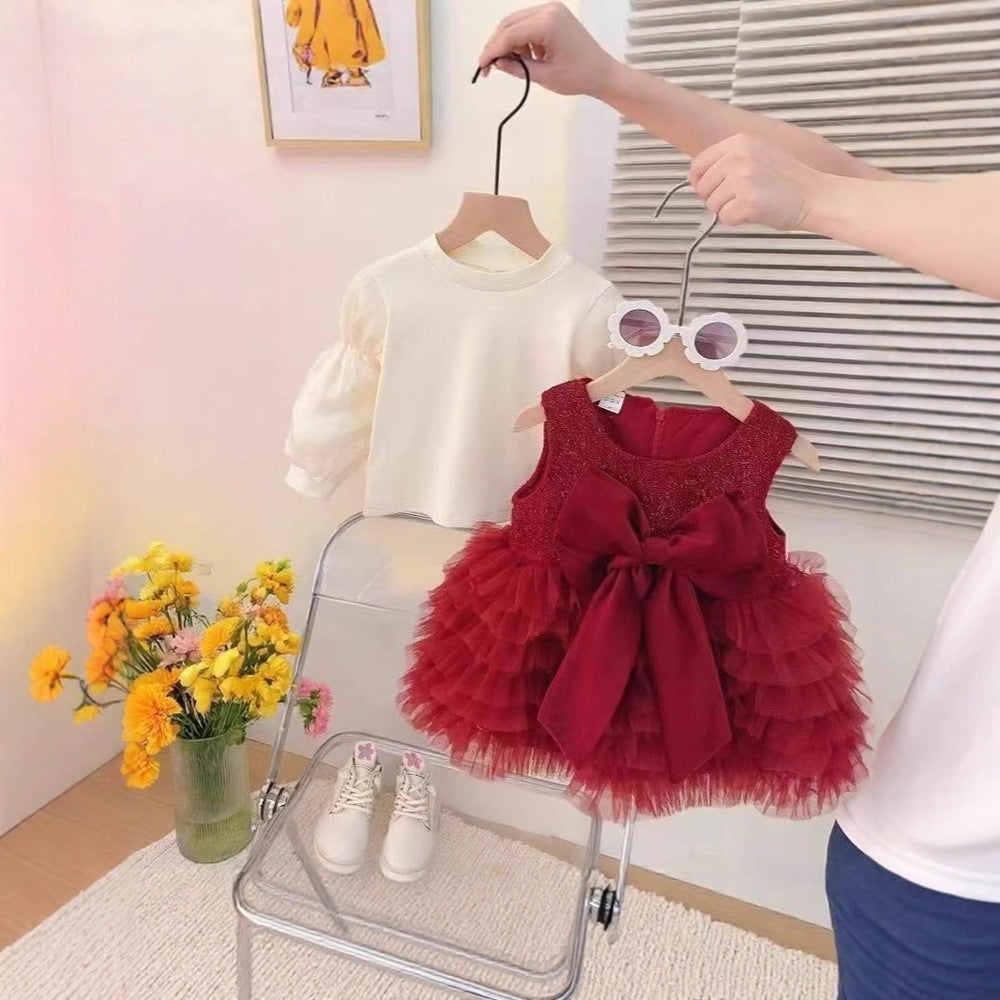 【dropshipping】girls' winter fleece-lined two-piece set,  new stylish children's first birthday baby dress, red