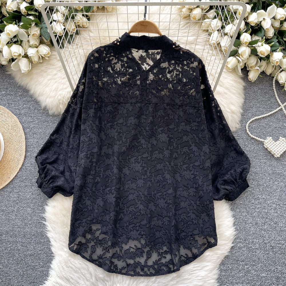 Fashionwork clothingeasiest for matchshirt women's pleated lantern long sleeves single breasted looseeasiest for matchshirt lazy chictops
