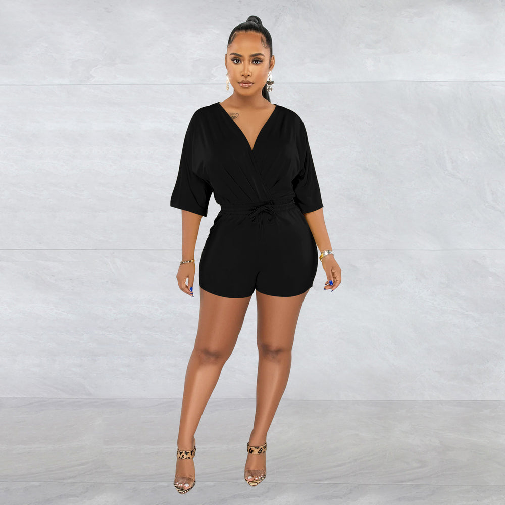 C6308 special offer: no returns or exchanges. please purchase with care. cross-border fashion women's tie-up v-neck mid-sleeve shorts jumpsuit