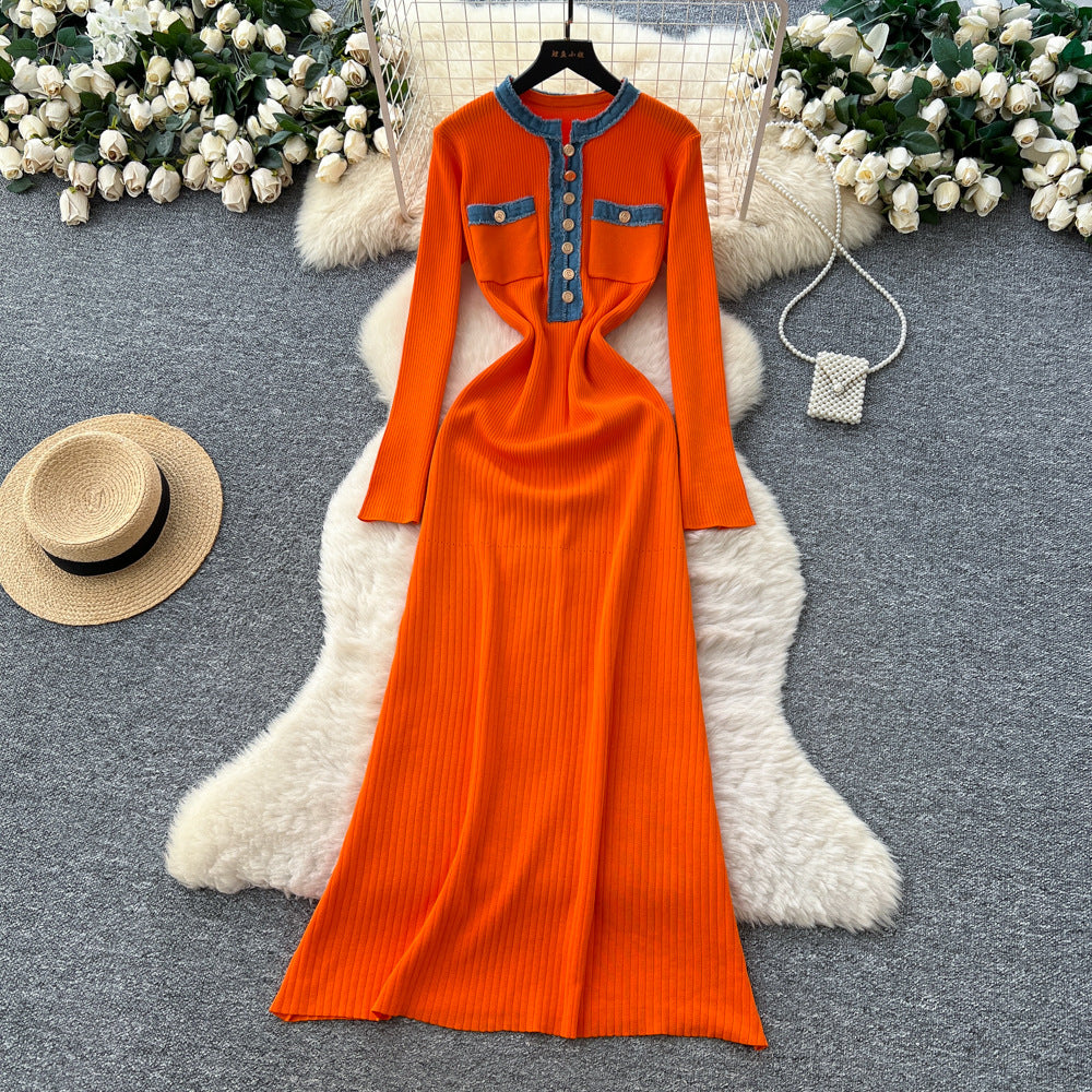 French chic color block knit dress with metal buckle detail - round neck, long sleeves, and cinched waist