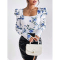 Women's floral print square neck puff sleeve top - long sleeve slim fit blouse, perfect for everyday wear and parties