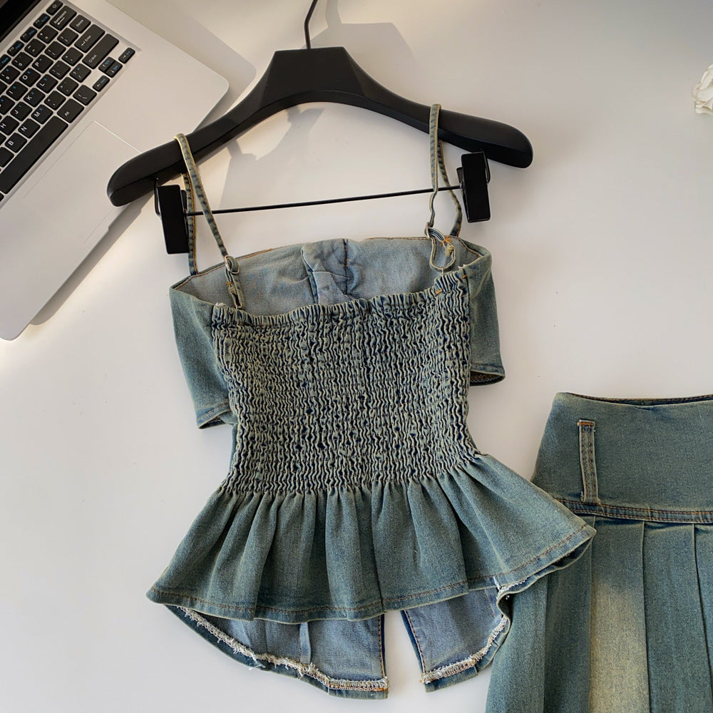 Western cowboy style bandeau cami top & pleated skirt two-piece set - women's new summer slimming & age-defying outfit