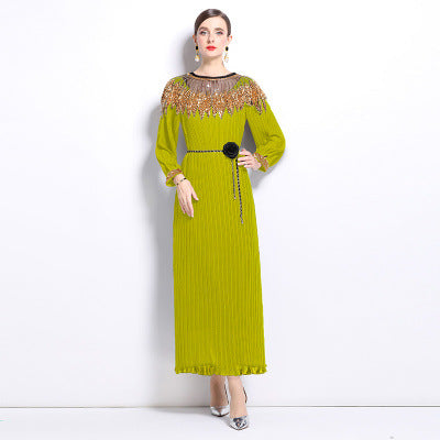 Miyake cross-border heavy industry sequin cloak patch waist pleated loosedress pleated long skirt