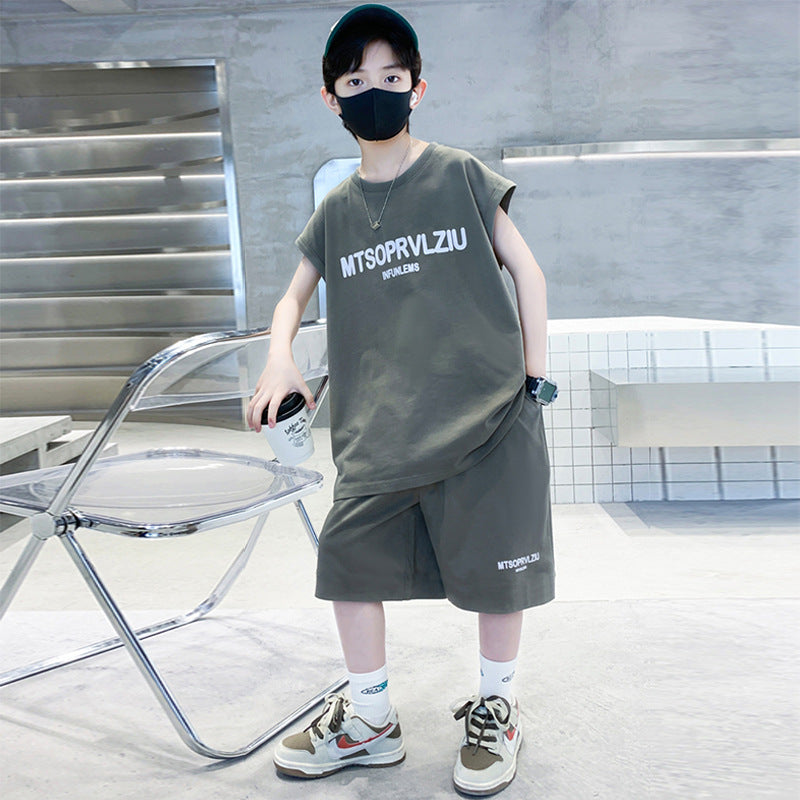 Boys' summer outfit  new style: sleeveless summer set for kids, stylish and trendy, mid-to-large size children's clothing, sportswear, handsome look