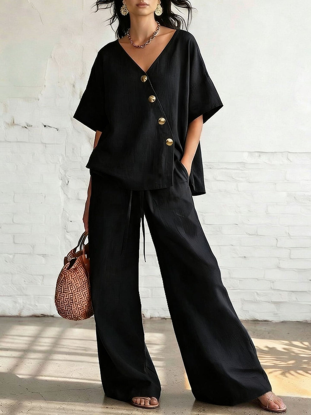 european and american cross-border women's fashion casual solid color v-neck loose short sleeve top and drawstring pants two-piece set