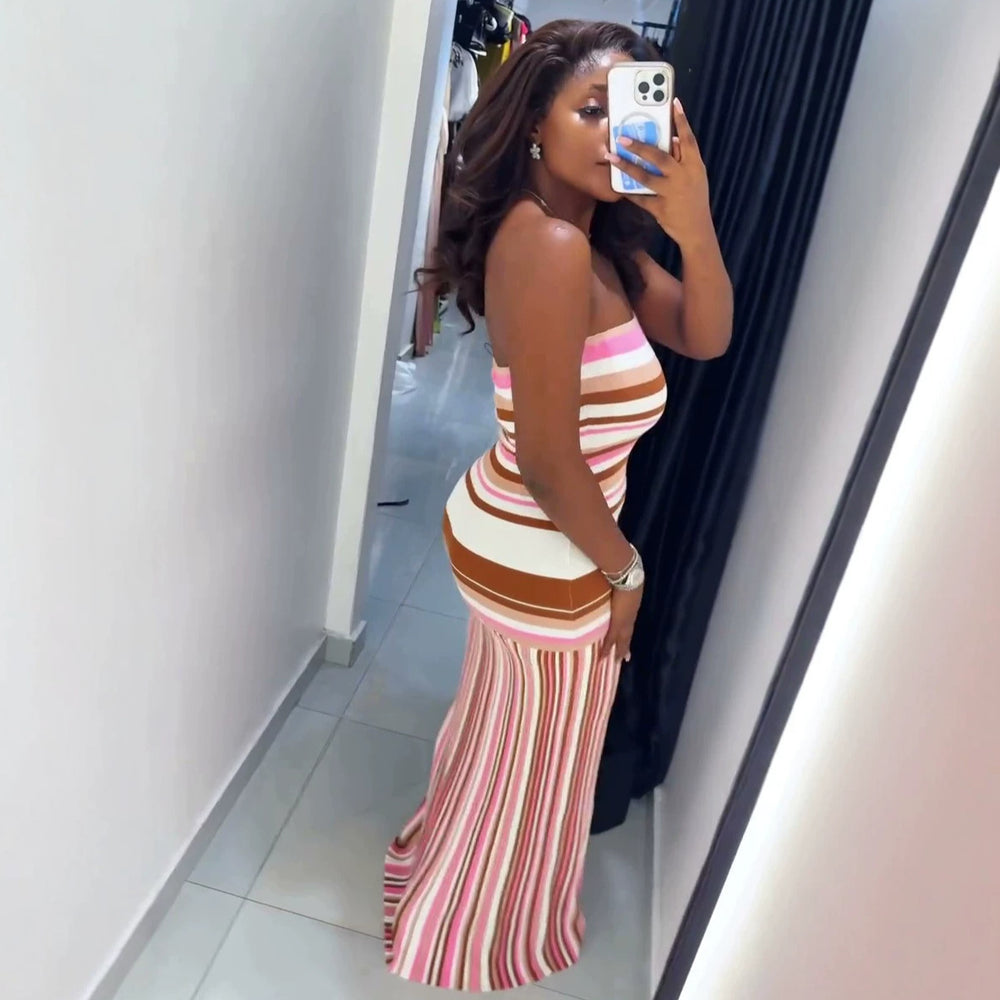 European and american cross-border women's fashion  summer new arrival: elegant bandeau striped sleeveless bodycon mini dress