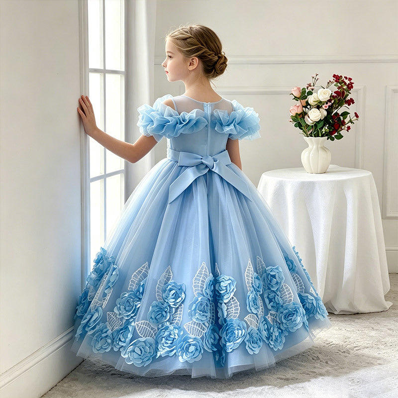 Export kids dress style princess skirt embroider flower beaded tutu skirt host piano wedding dress performance costume